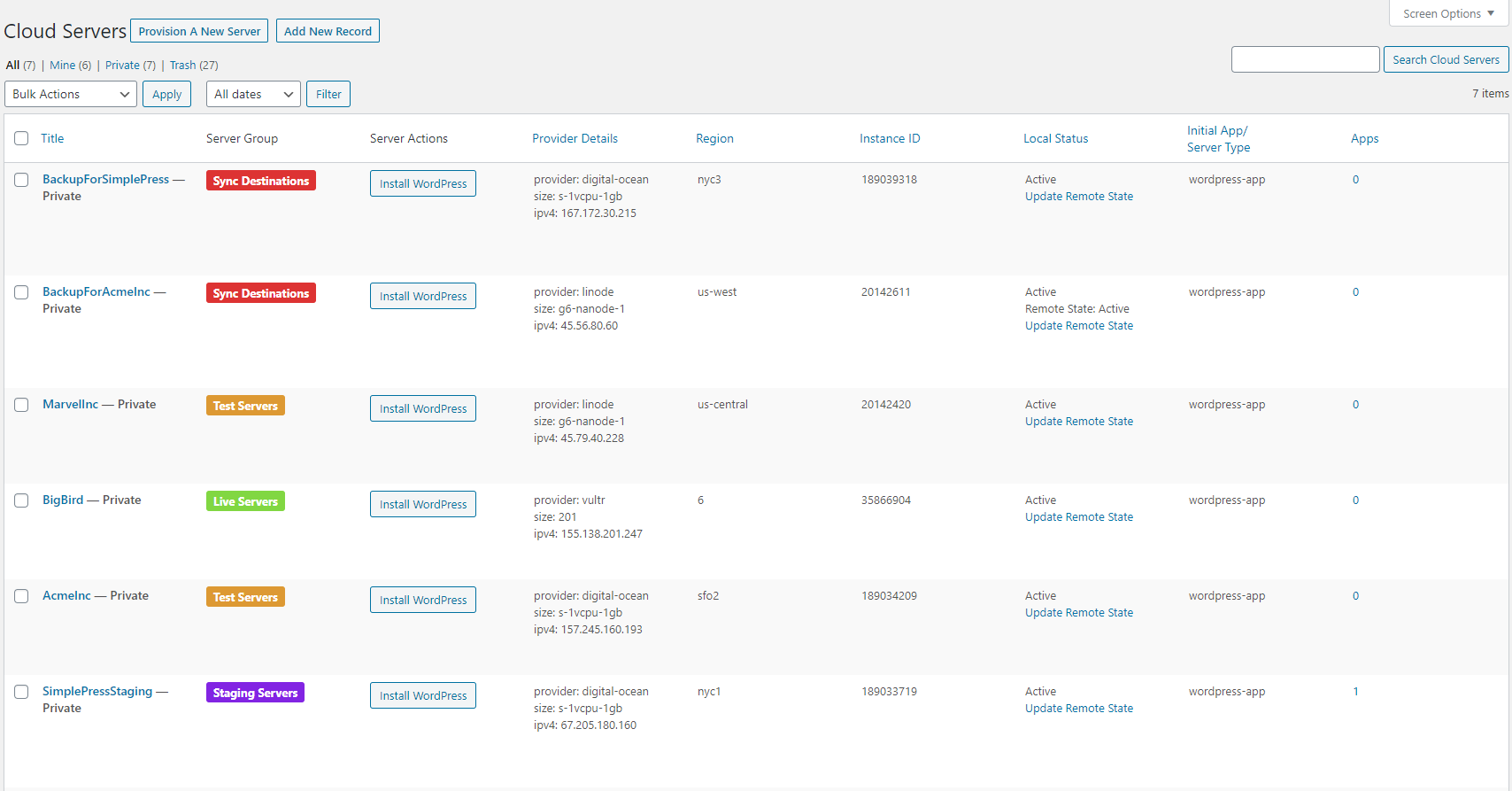 Sample List of WP Servers Deployed and Managed by the WPCloud Deploy plugin